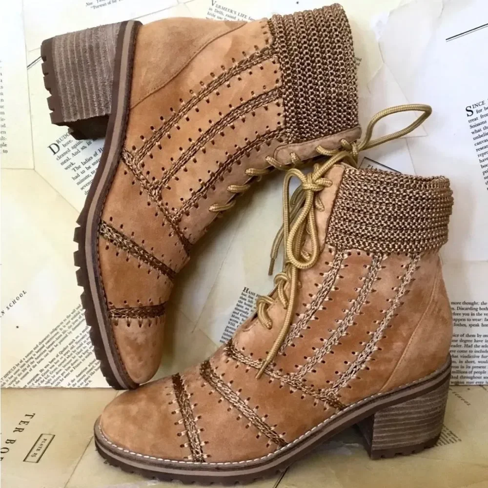 Anthropologie Silent D Bestie Bootie Honey Macramé Trim Lace Up Tan - Picture 3 of 12